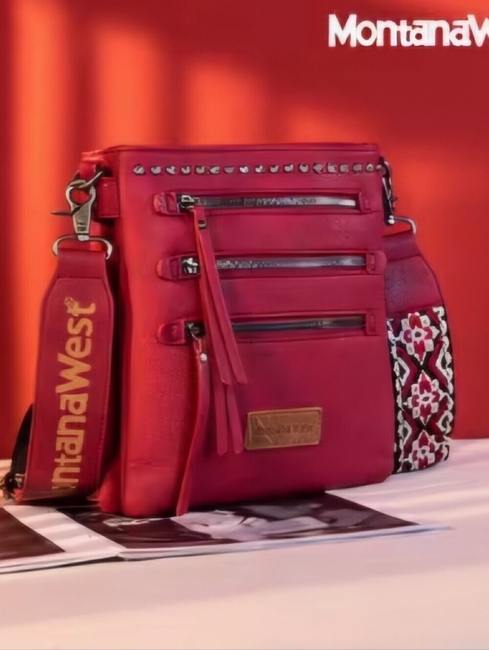 NWT Red Montana West Crossbody Bag with Textured Leather and Tassel Detail